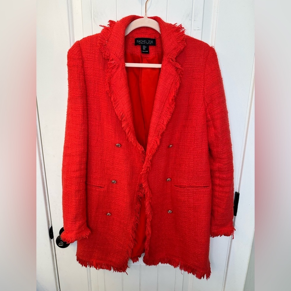 Rachel Zoe Red Tweed Fringe Double Breasted Longline Blazer Size M